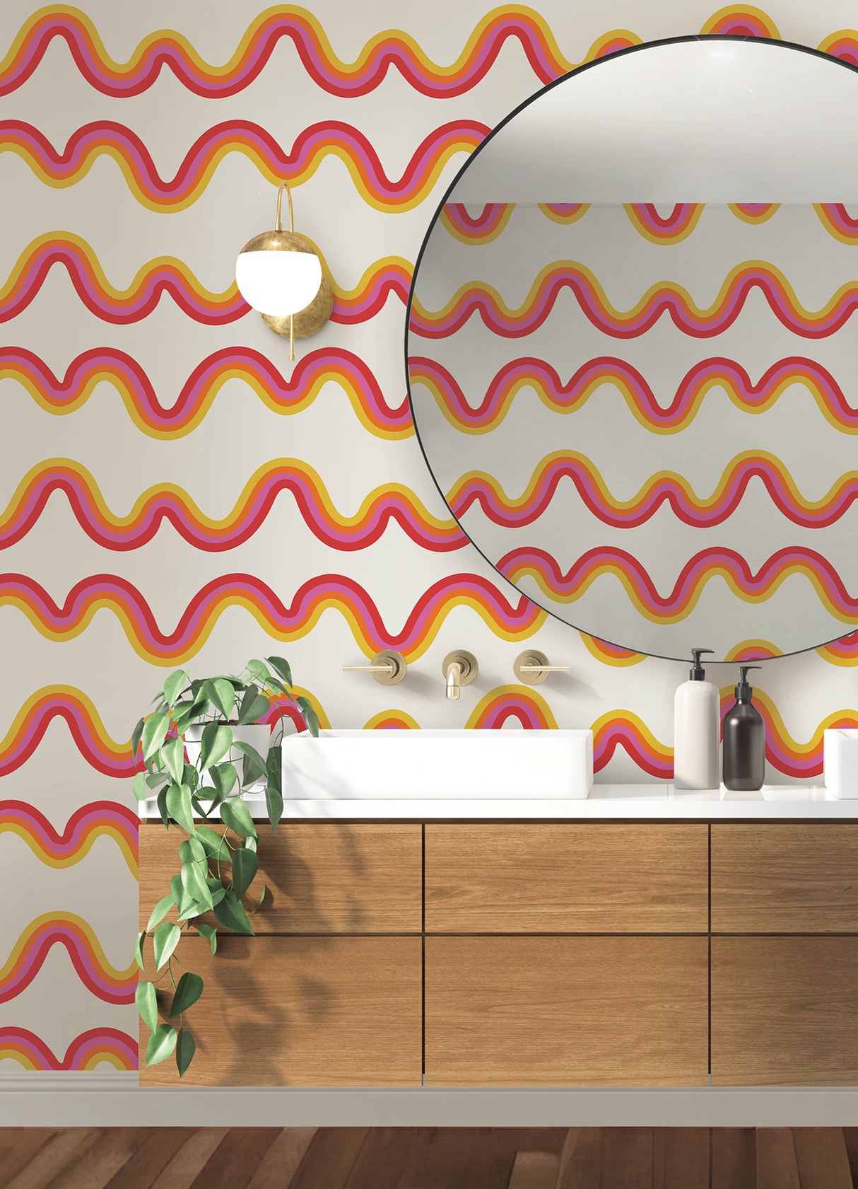 Beverly Slopes Pink Peel and Stick Wallpaper by NuWallpaper - Very Gay Paint x WallPops Retro Rainbow Wavy Stripe Modern Design - VGS6435