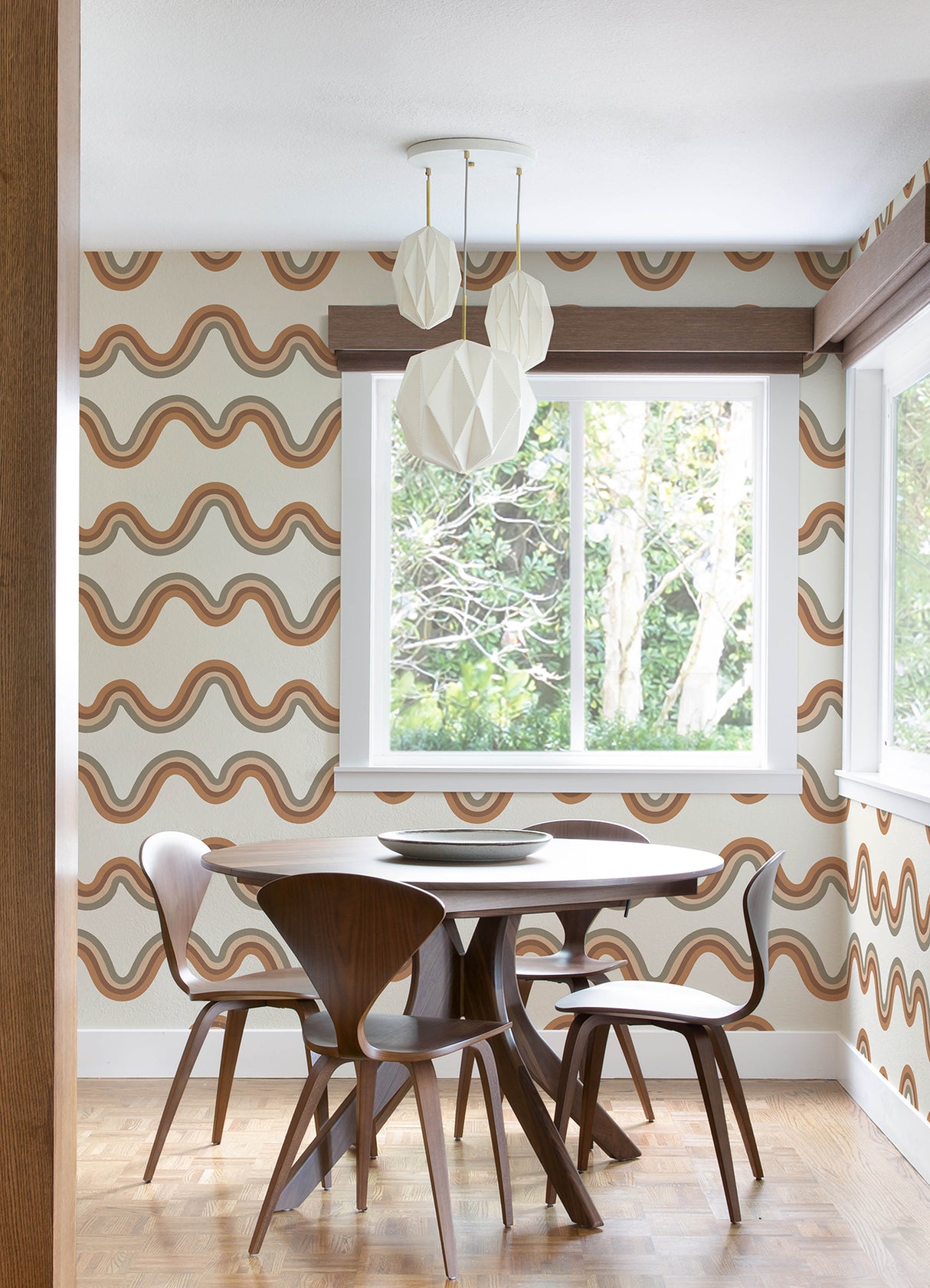 Beverly Slopes Tan by NuWallpaper - Very Gay Paint x WallPops Modern Neutral Tan Wavy Rainbow Stripe Peel and Stick Wallpaper VGS6437