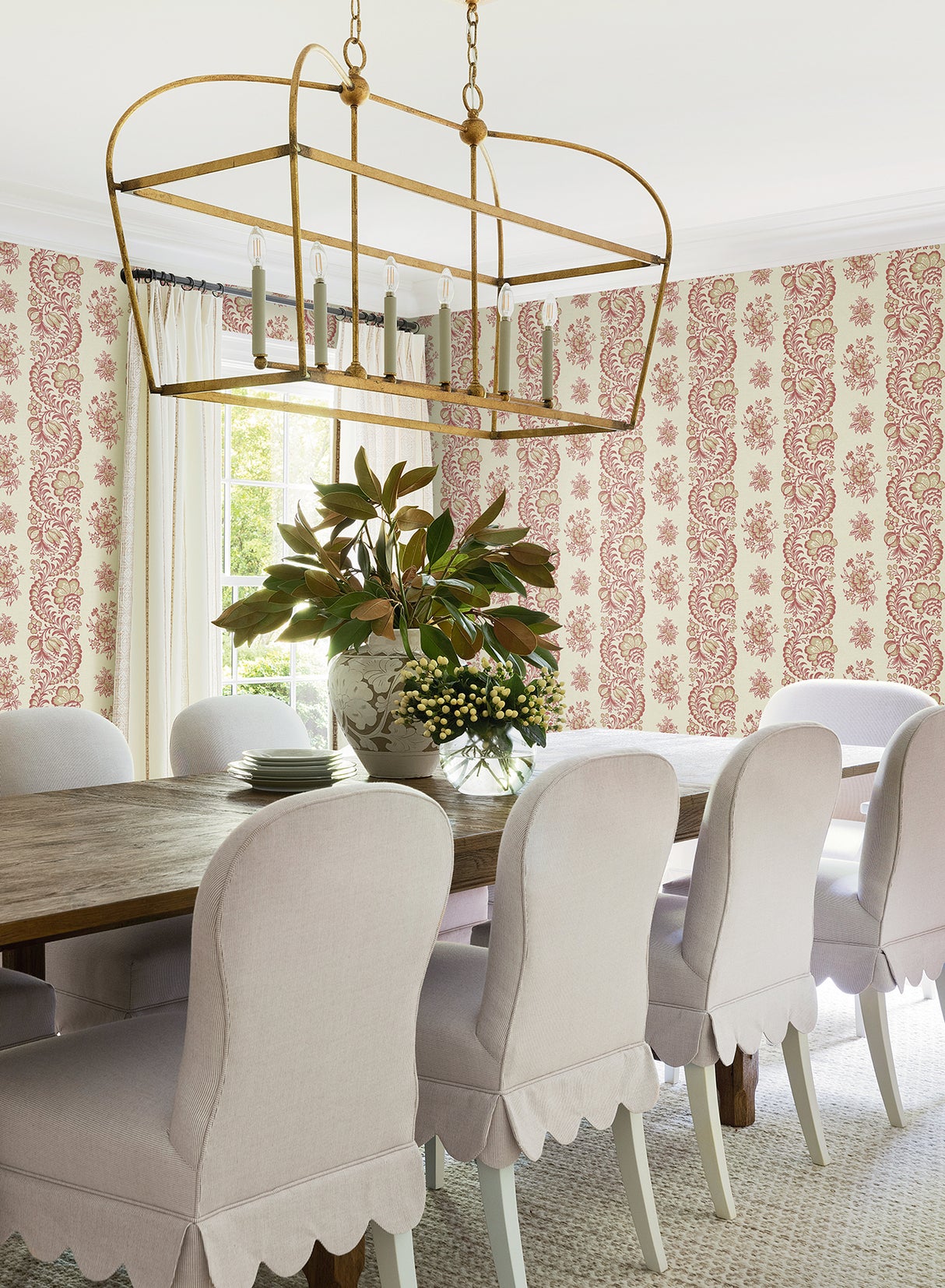Beaumont Ruby Floral Stripe Wallpaper Rich Red and Golden Beige Botanical Non Woven Unpasted 27in x 27ft by Antonina Vella - VP1304