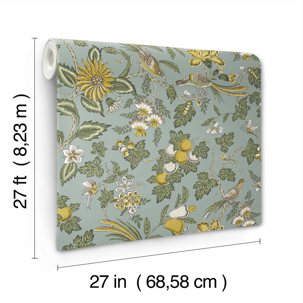 Parterre Light Blue Traditional Jacobean Birds and Botanicals Non Woven Wallpaper by Antonina Vella Jardin Collection - VP1315