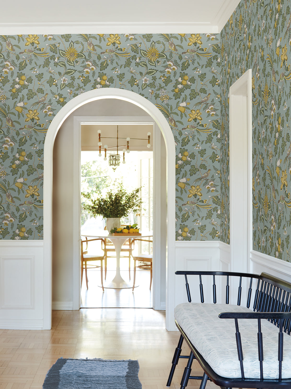 Parterre Light Blue Traditional Jacobean Birds and Botanicals Non Woven Wallpaper by Antonina Vella Jardin Collection - VP1315