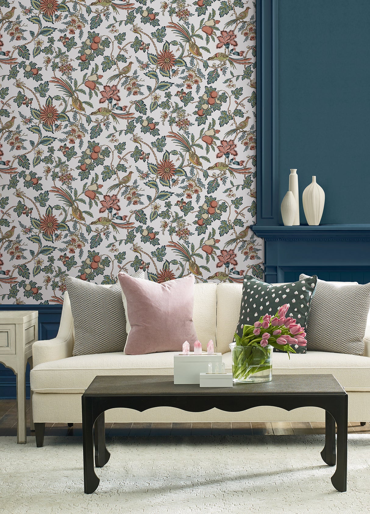Parterre Coral Cornflower & Ginger by Antonina Vella Jacobean Wallpaper – York Designer Series VP1316