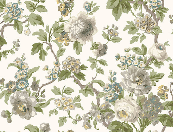 Beatrix Neutral & Sage vintage floral wallpaper pattern by Antonina Vella, 27 in x 27 ft bolt