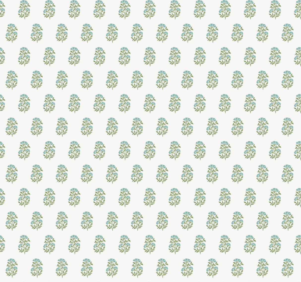 Sylvie Green Floral Wallpaper by Antonina Vella, 27 in x 27 ft roll, small floral sprigs in aqua and green on white