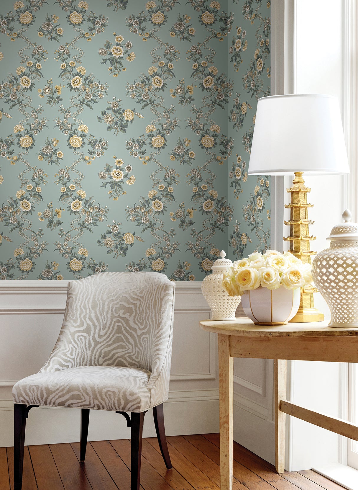 Genevieve Harbor Blue Floral Trail Wallpaper by Antonina Vella, Jardin Collection, Non Woven, Washable and Strippable, 27-in x 27-ft - VP1422