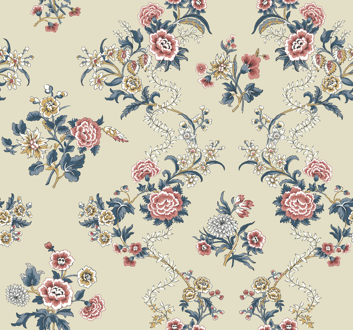 Genevieve Rose Floral Trail wallpaper in red and navy on pale beige background