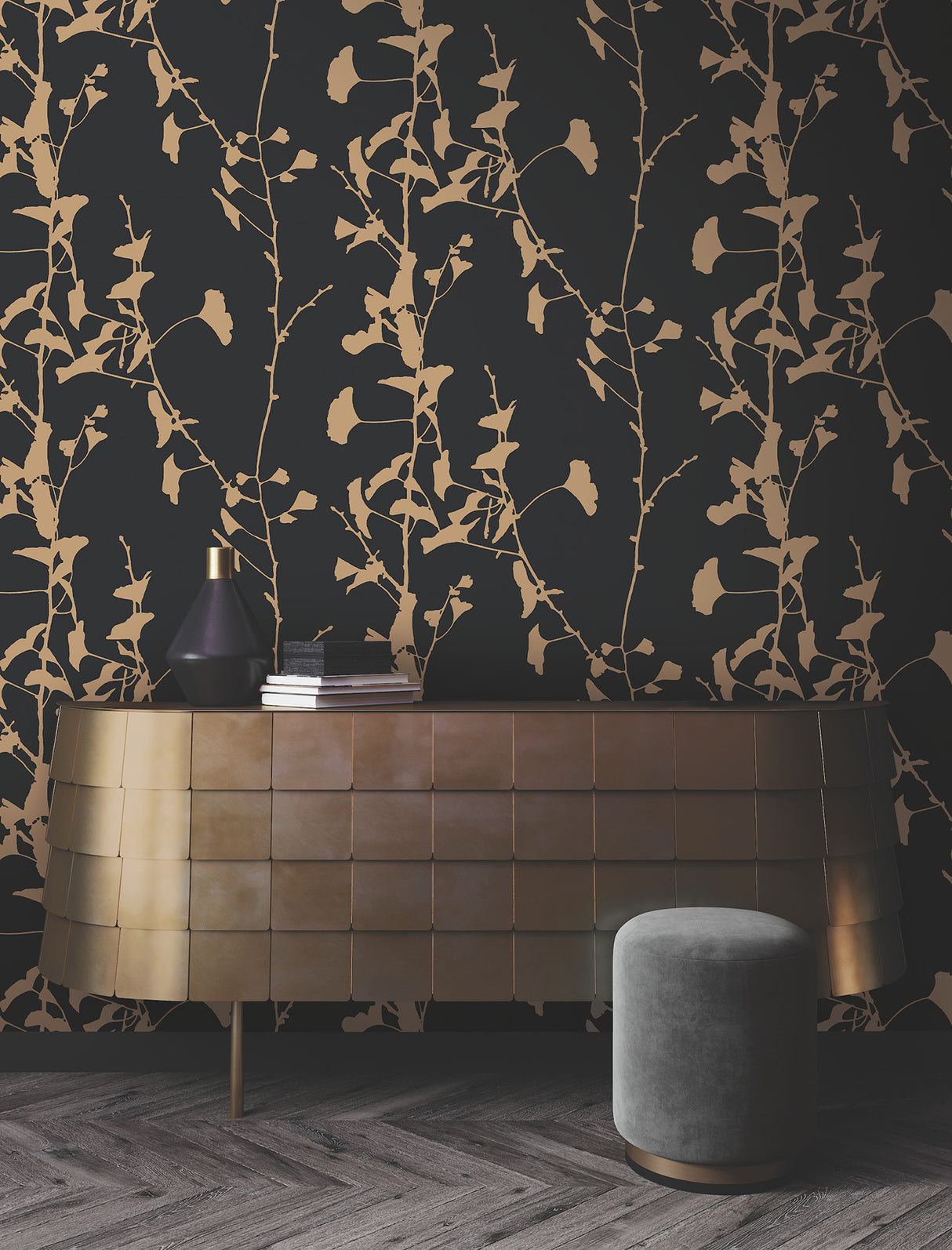 Ginkgo Silhouette Black & Gold by Ronald Redding Cork Wallpaper- York Designer Series VR1512