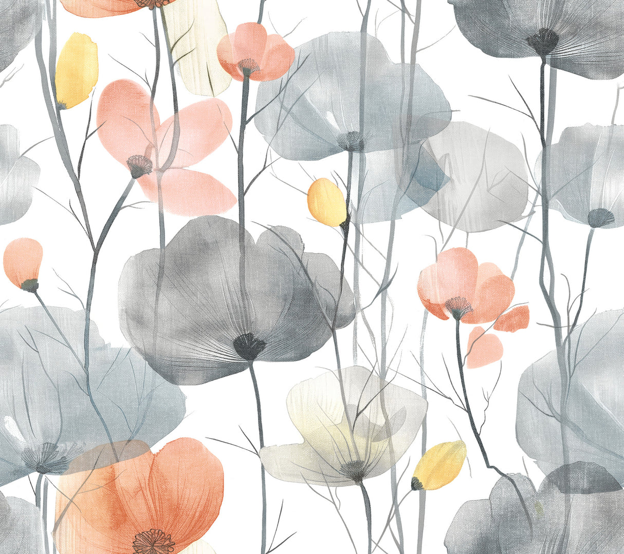 Cotswolds Poppies coral floral wallpaper with translucent poppy blooms in coral, grey and yellow on white.
