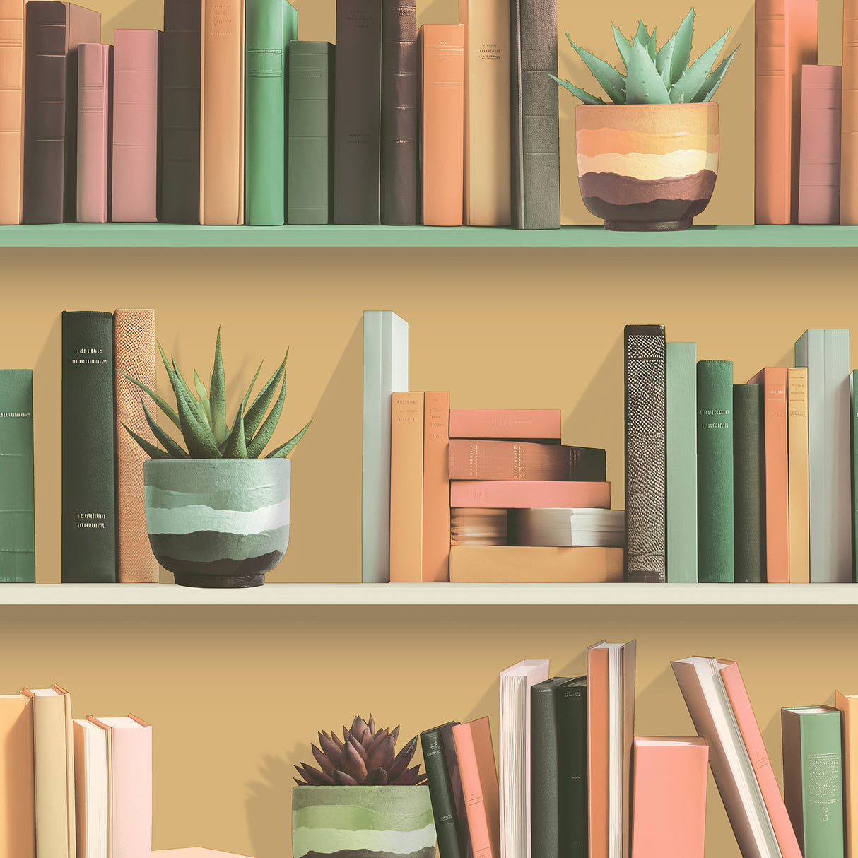 Modern Bookshelf Ocher Ground Wallpaper roll and room setting with bookshelf motif and succulents