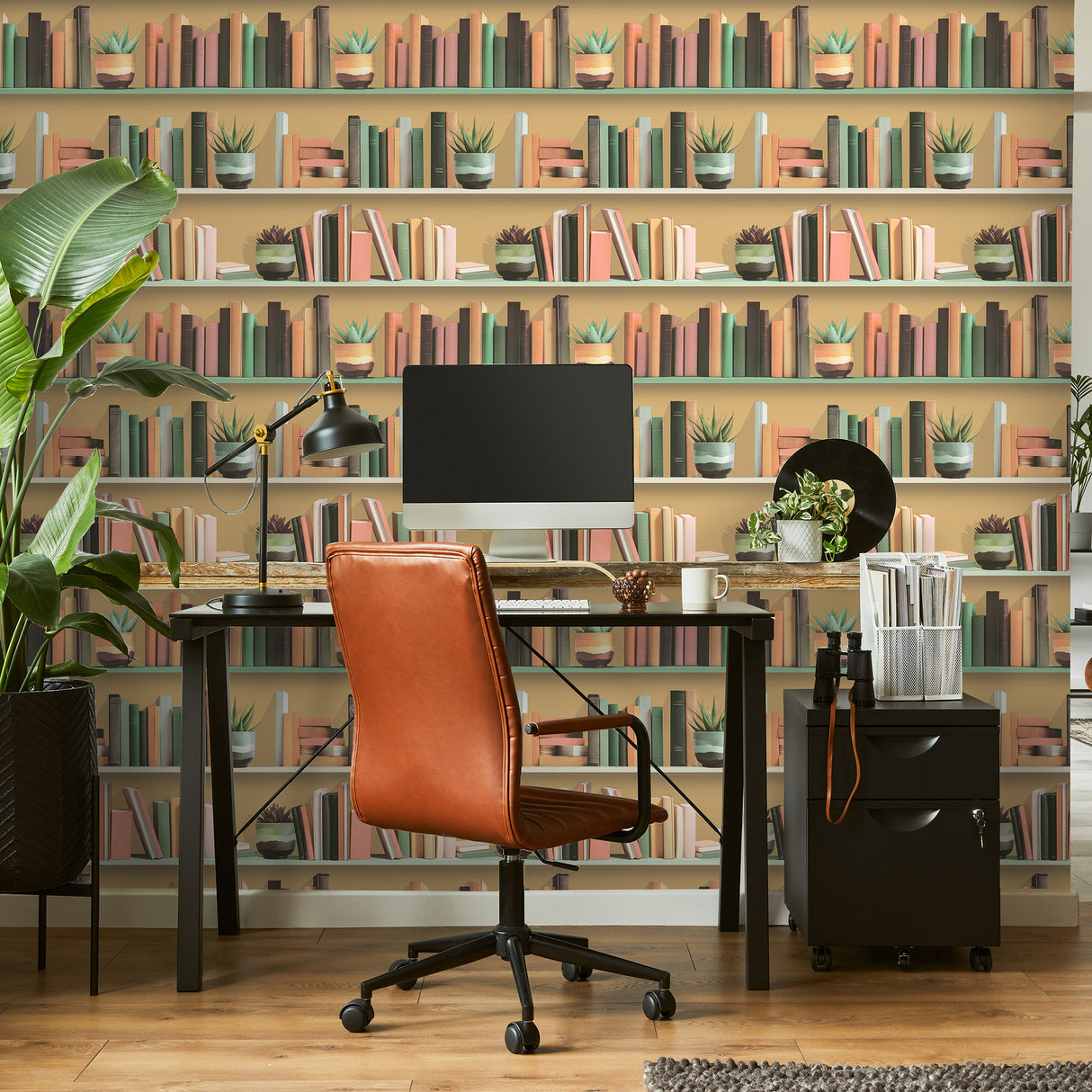 Modern Bookshelf Ocher by Veer Decor Novelty Pattern Wallpaper – Veer Decor VRAR05-597