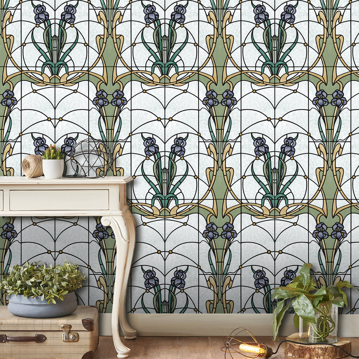 Floral Stained Glass Purple by — Non-Woven Unpasted Wallpaper – Veer Decor VRAR06-397