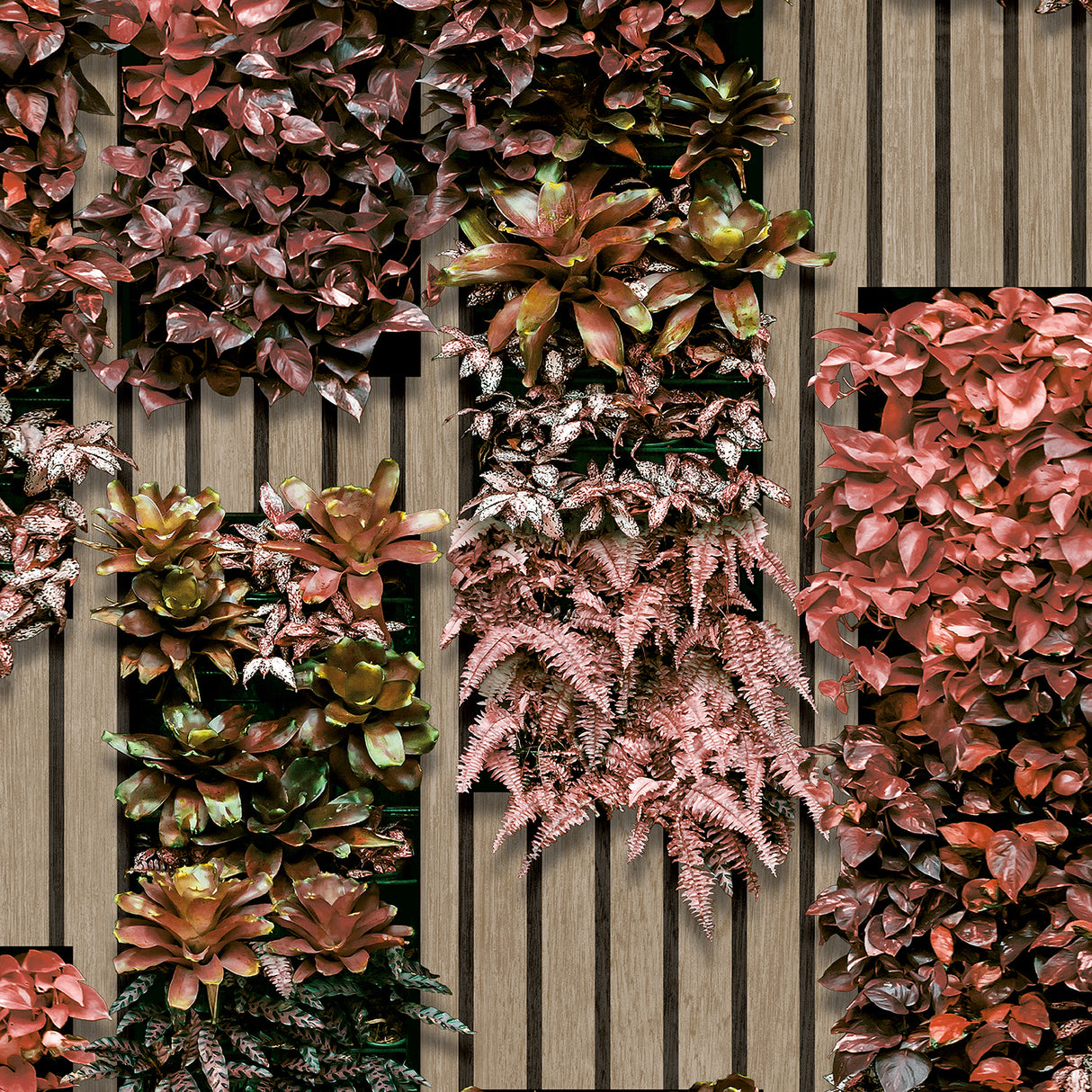 Photoreal Vertical Garden red and green botanical wallpaper roll showing foliage over wood-like slats
