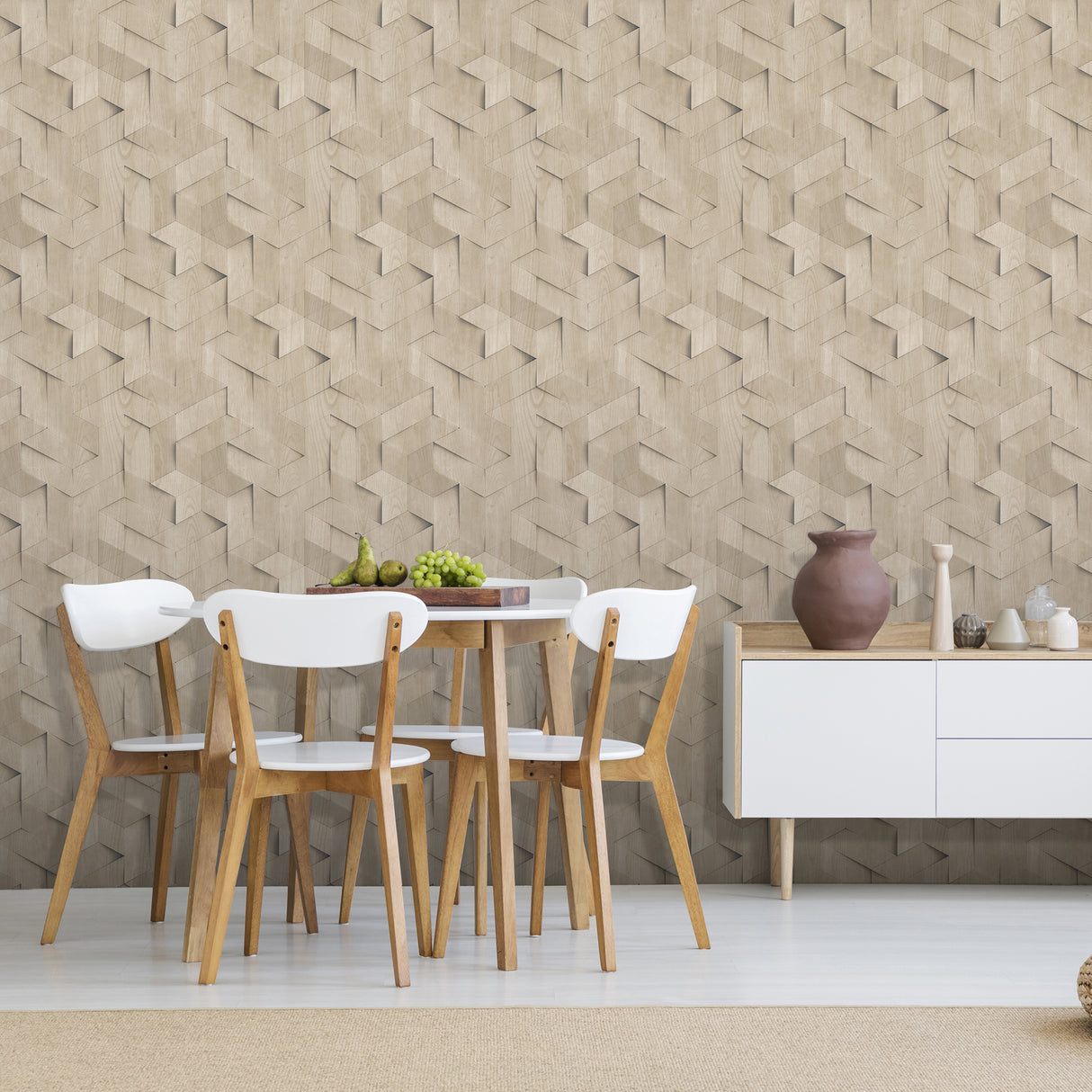Woodblock Geometric Illusion Natural by Veer Decor Geometric Wallpaper – Veer Decor VRBR07-447