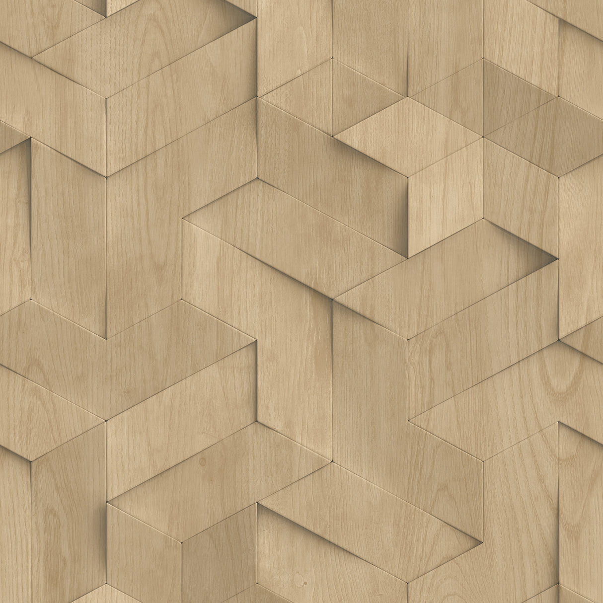Woodblock Geometric Illusion Beige geometric faux wood textured wallpaper roll and room scene