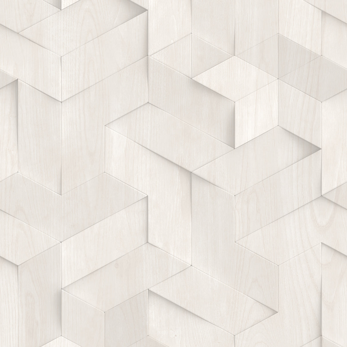 Woodblock Geometric Illusion Light Gray Off White wallpaper roll and room scene