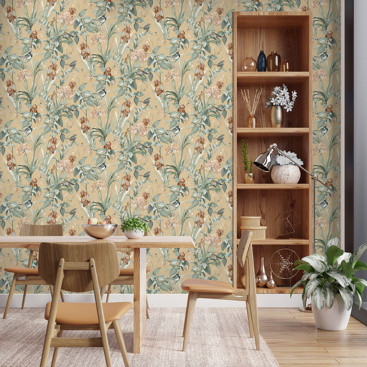 Mint Birds and Dragonflies Ocher by Veer Decor Botanical Wallpaper – Veer Decor VRBT02-746