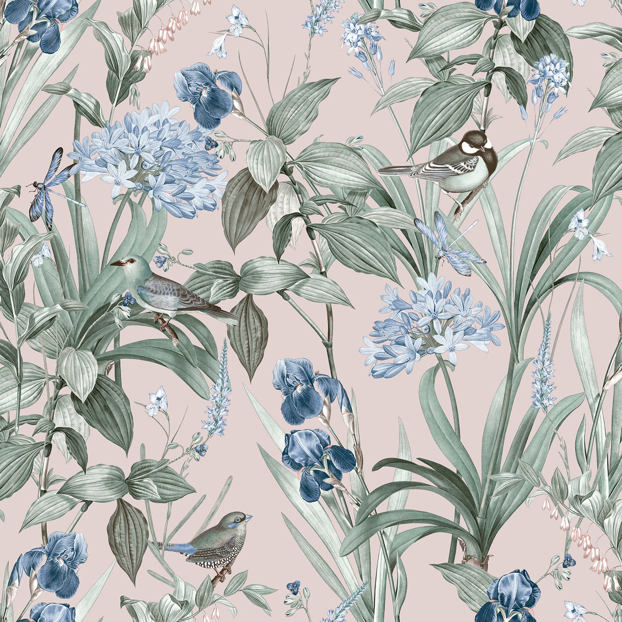 Mint Birds and Dragonflies botanical wallpaper in dust pink with birds and dragonflies, roll 20.86 in x 33 ft