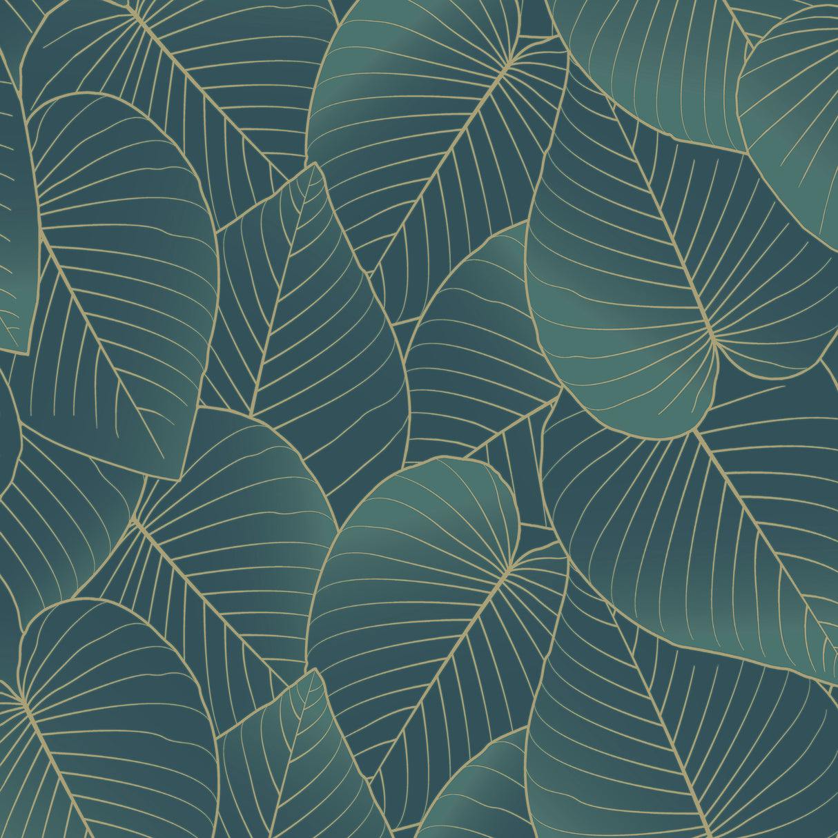 Graphic Leaves dark green metallic foil accent wallpaper roll closeup and room scene