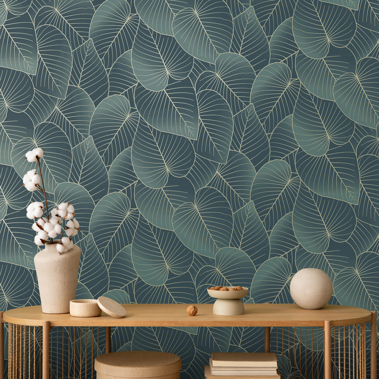 Graphic Leaves Dark Green with Foil Accents by Veer Decor Nature Wallpaper – Veer Decor VRBT04-212