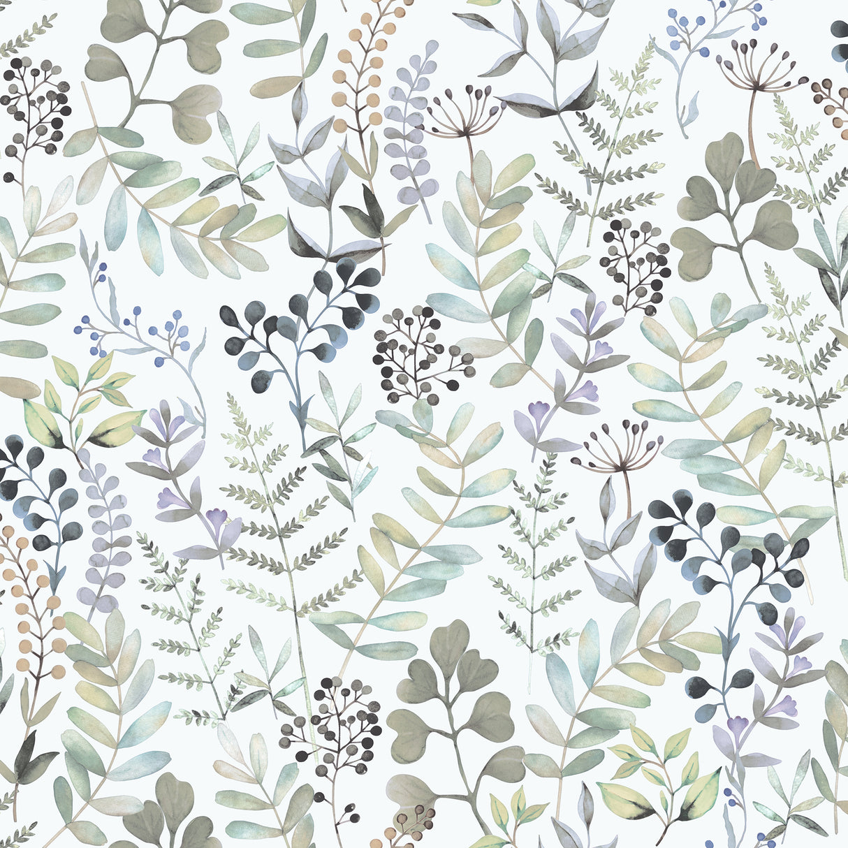 Olivia Botanical Green floral wallpaper roll showing watercolor leaves and berries pattern