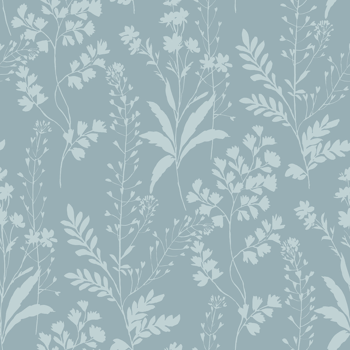Wildflower Silhouettes Turquoise Blue floral wallpaper roll and room scene