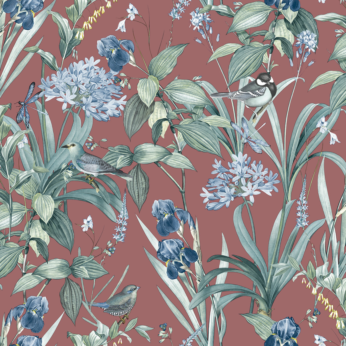 Mint Birds and Dragonflies Botanical Wallpaper in red with birds, dragonflies, and foliage