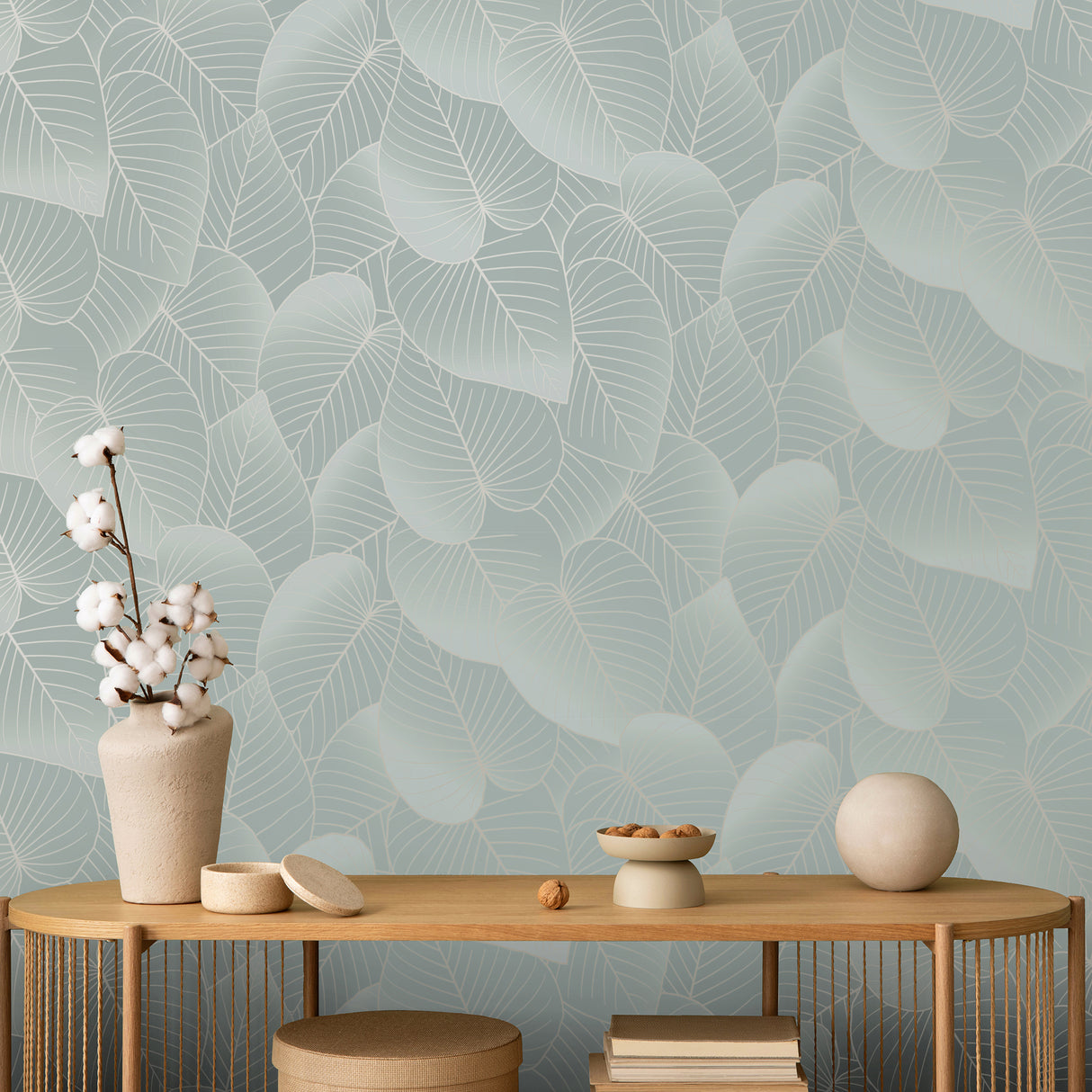 Graphic Leaves Light Green with Foil Accents by Veer Decor Non-Woven Unpasted Wallpaper – Veer Decor VRBT14-212