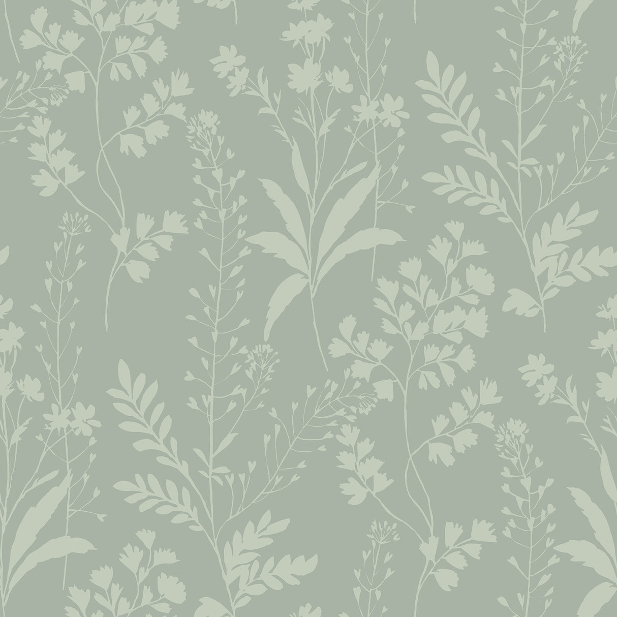 Wildflower Silhouettes Sage wallpaper roll and room scene showing tonal floral silhouettes on sage green