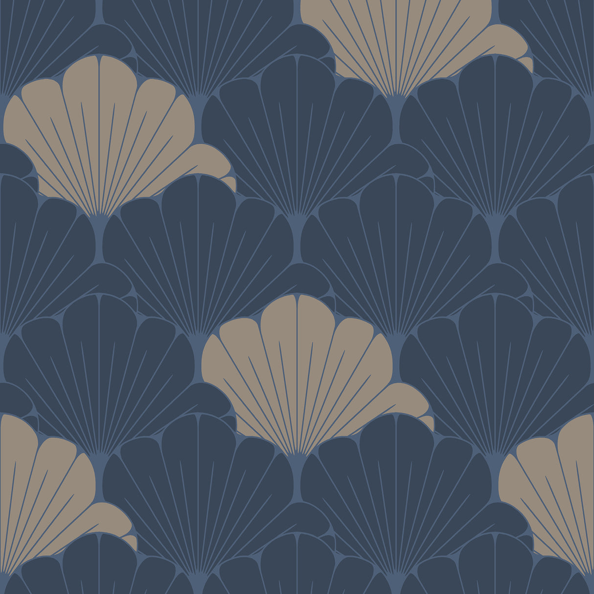 Giant Art Deco Gingko Leaf Blue wallpaper roll showing blue and metallic ginkgo fan pattern