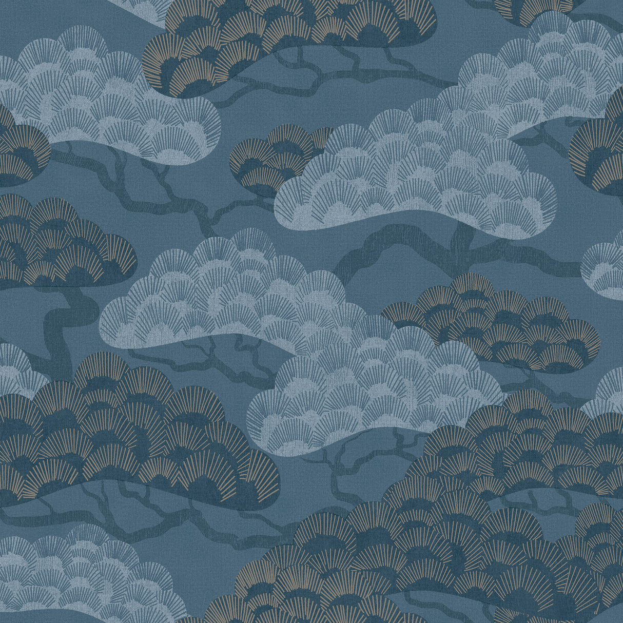 Bonsai Grove Blue textured metallic wallpaper roll and pattern detail