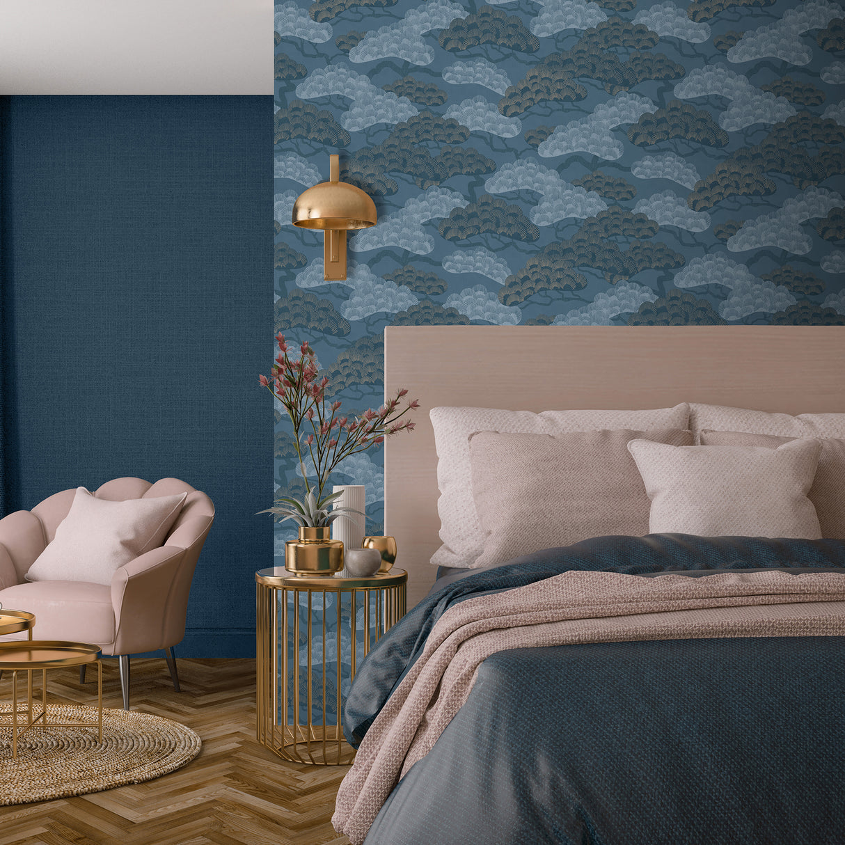 Bonsai Grove Blue by Veer Decor Textured Metallic Non-Woven Unpasted Wallpaper – Veer Decor VREL01-446