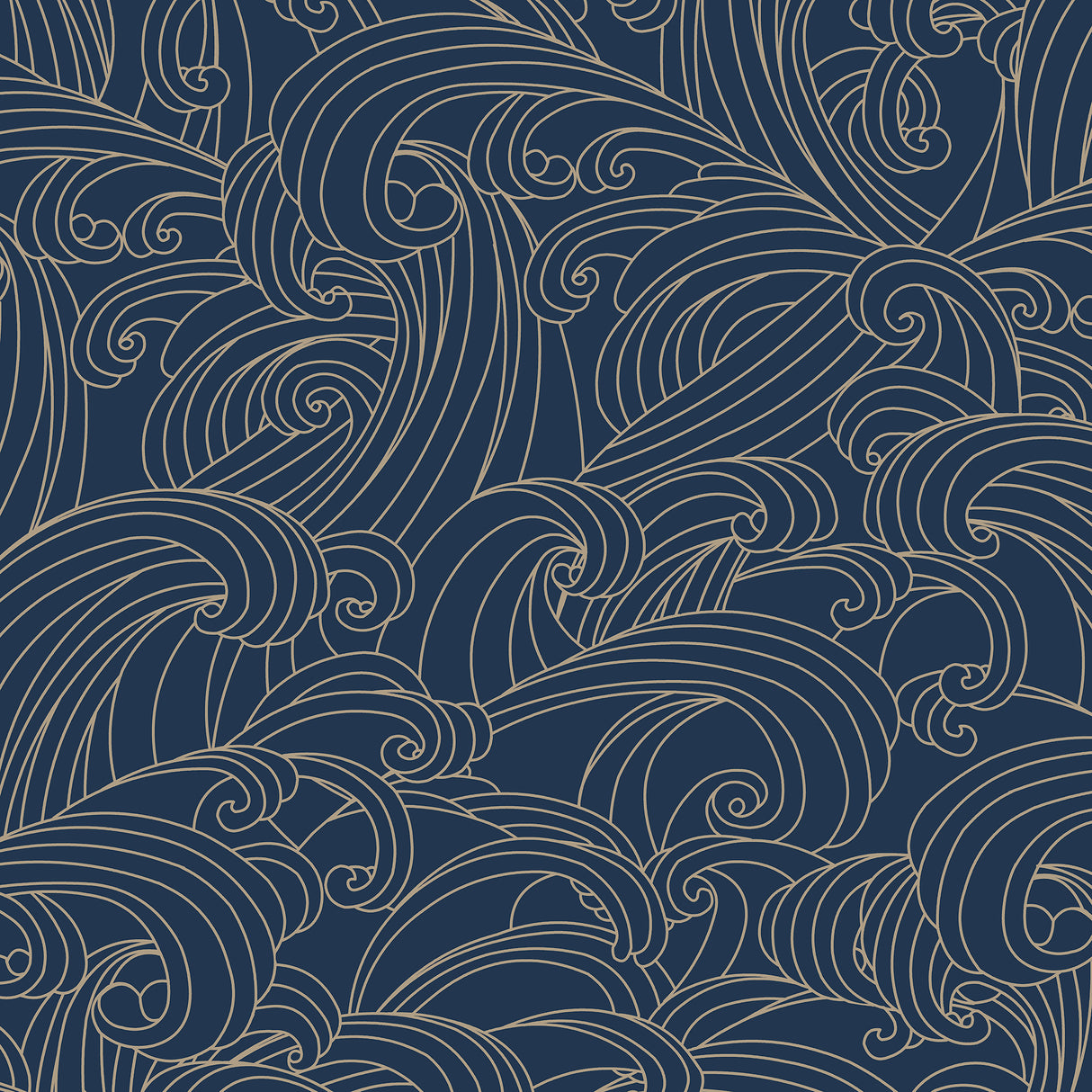 Big Wave Blue non-woven unpasted wallpaper roll showing metallic line art waves on navy