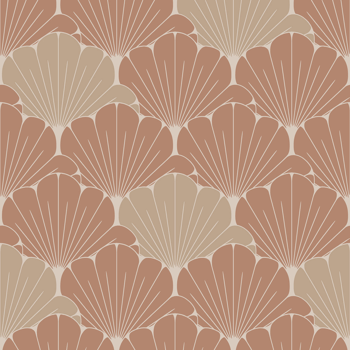 Giant Art Deco Gingko Leaf wallpaper in burnt orange and ochre with fan motif