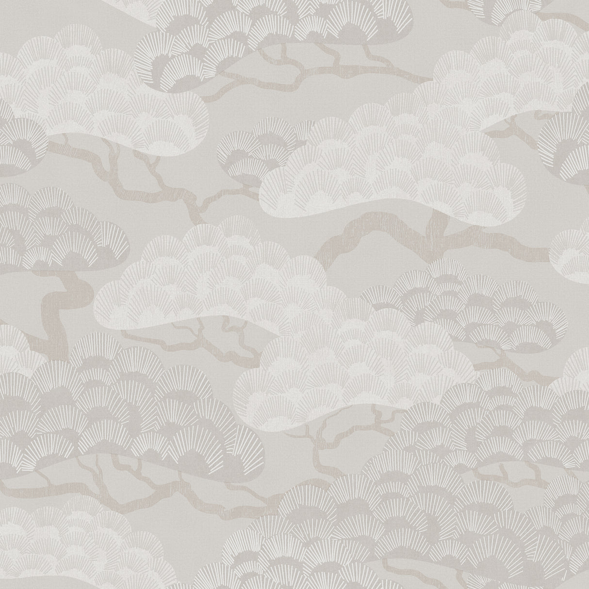 Bonsai Grove Beige textured non-woven wallpaper roll with stylized pine tree pattern