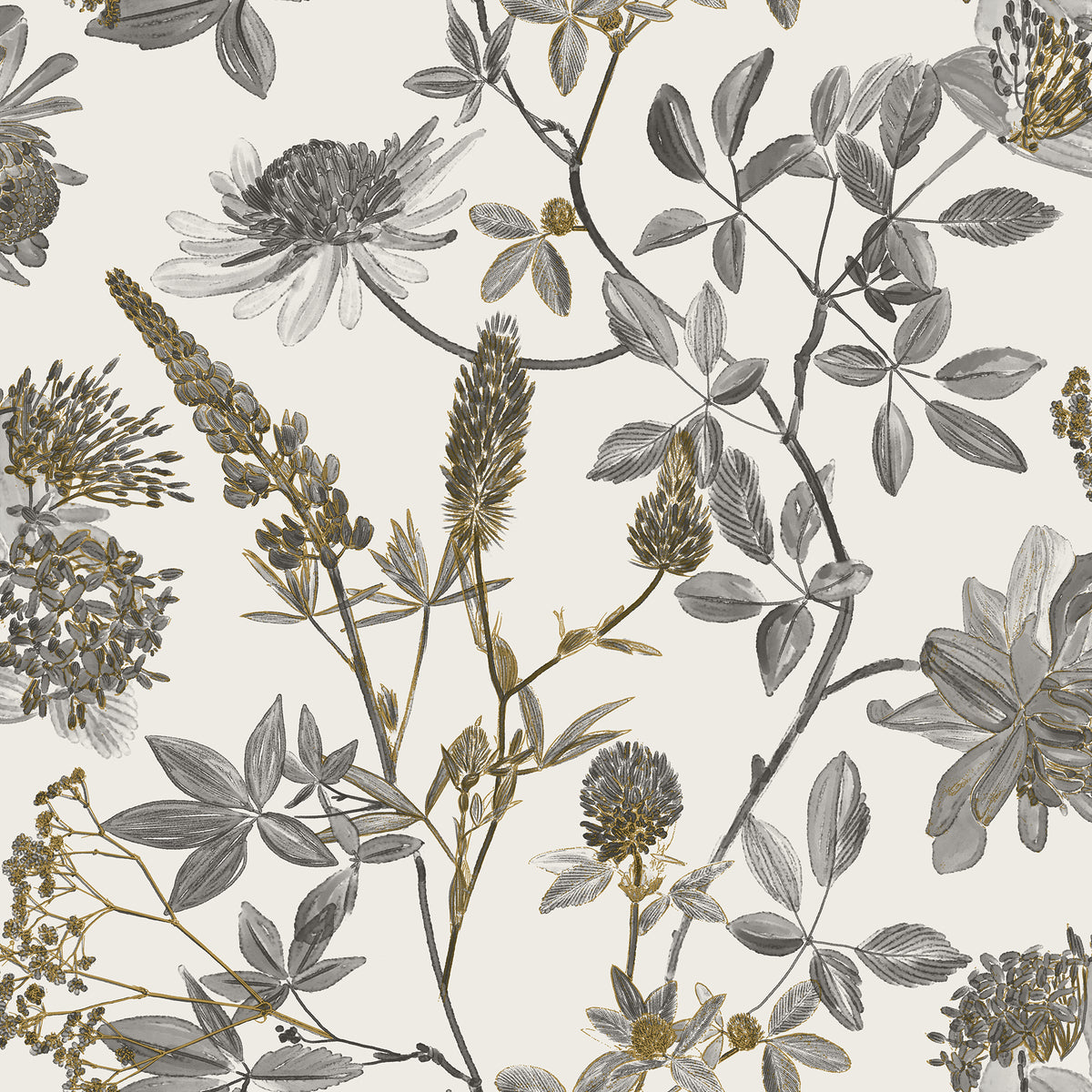 Botanical Blueprint Painterly Branches wallpaper sample in gray on ecru cream ground with detailed floral sketches.