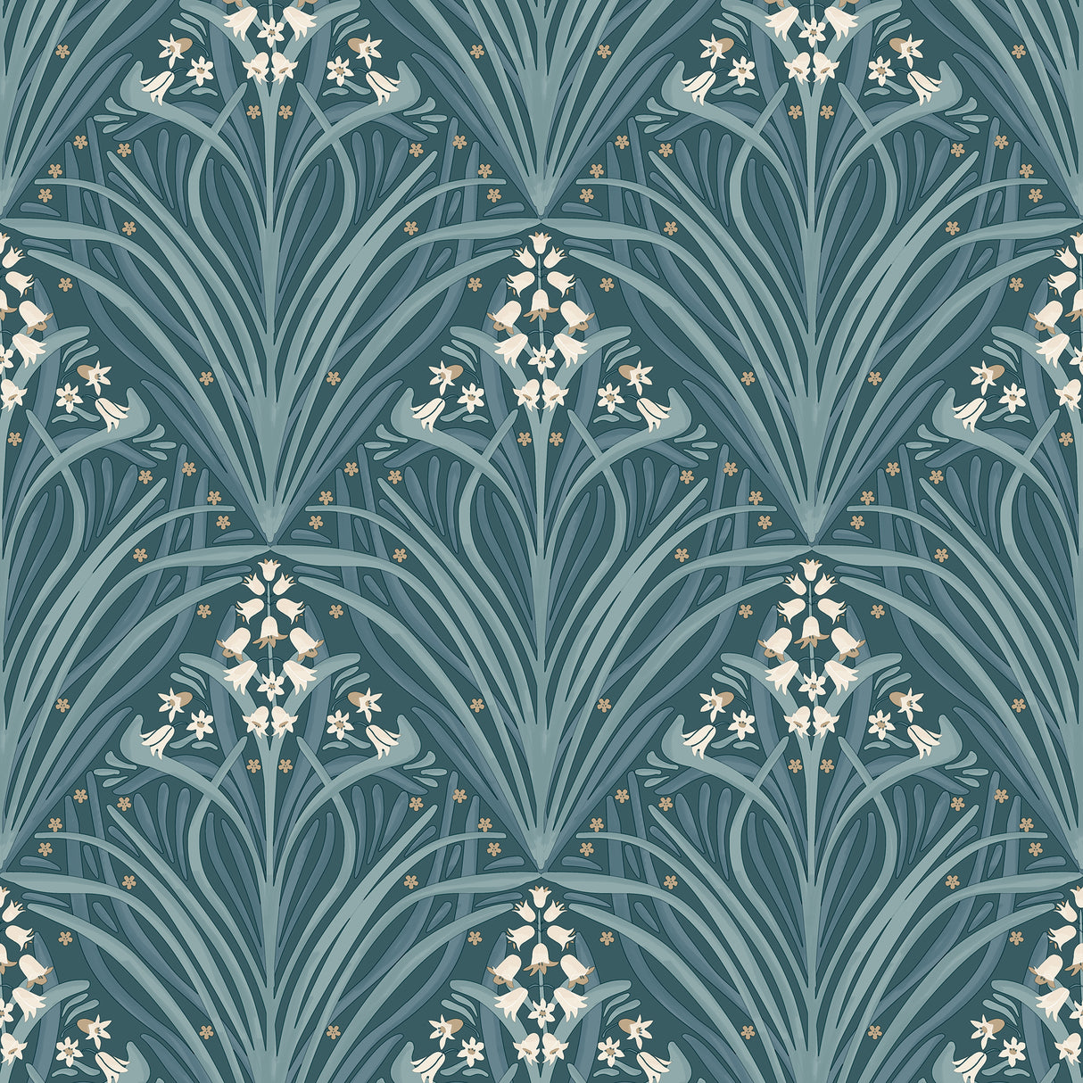 Victorian Bloom dark green floral wallpaper roll showing stylized lilies and vines pattern