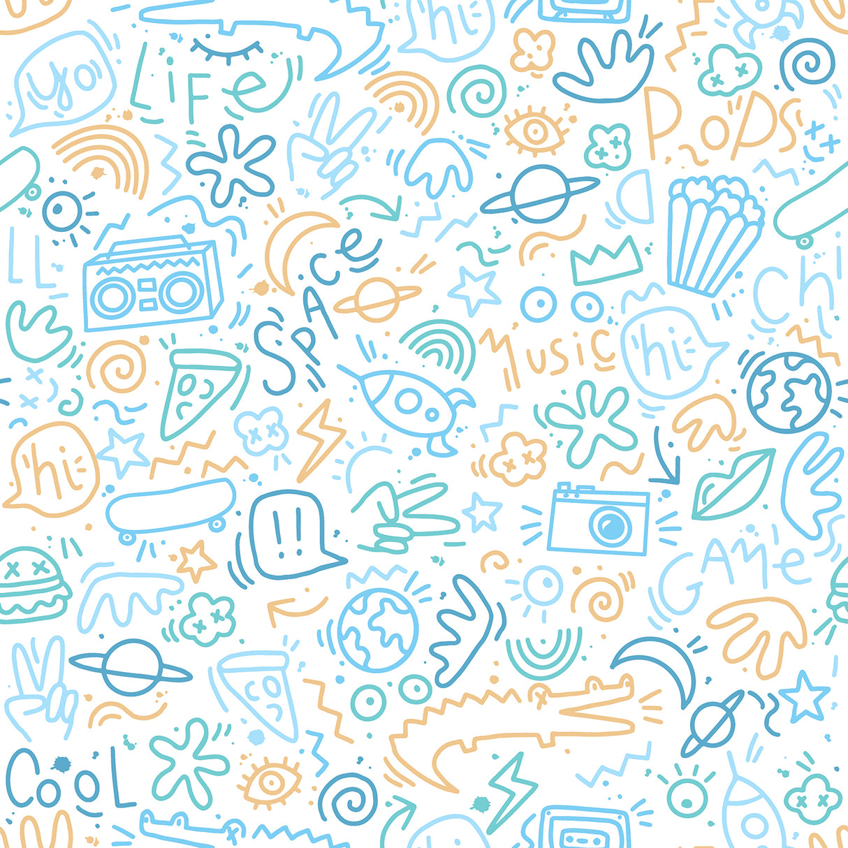 Doodle Blue kids doodle non-woven wallpaper roll by Veer Decor, blue and gold sketches on white
