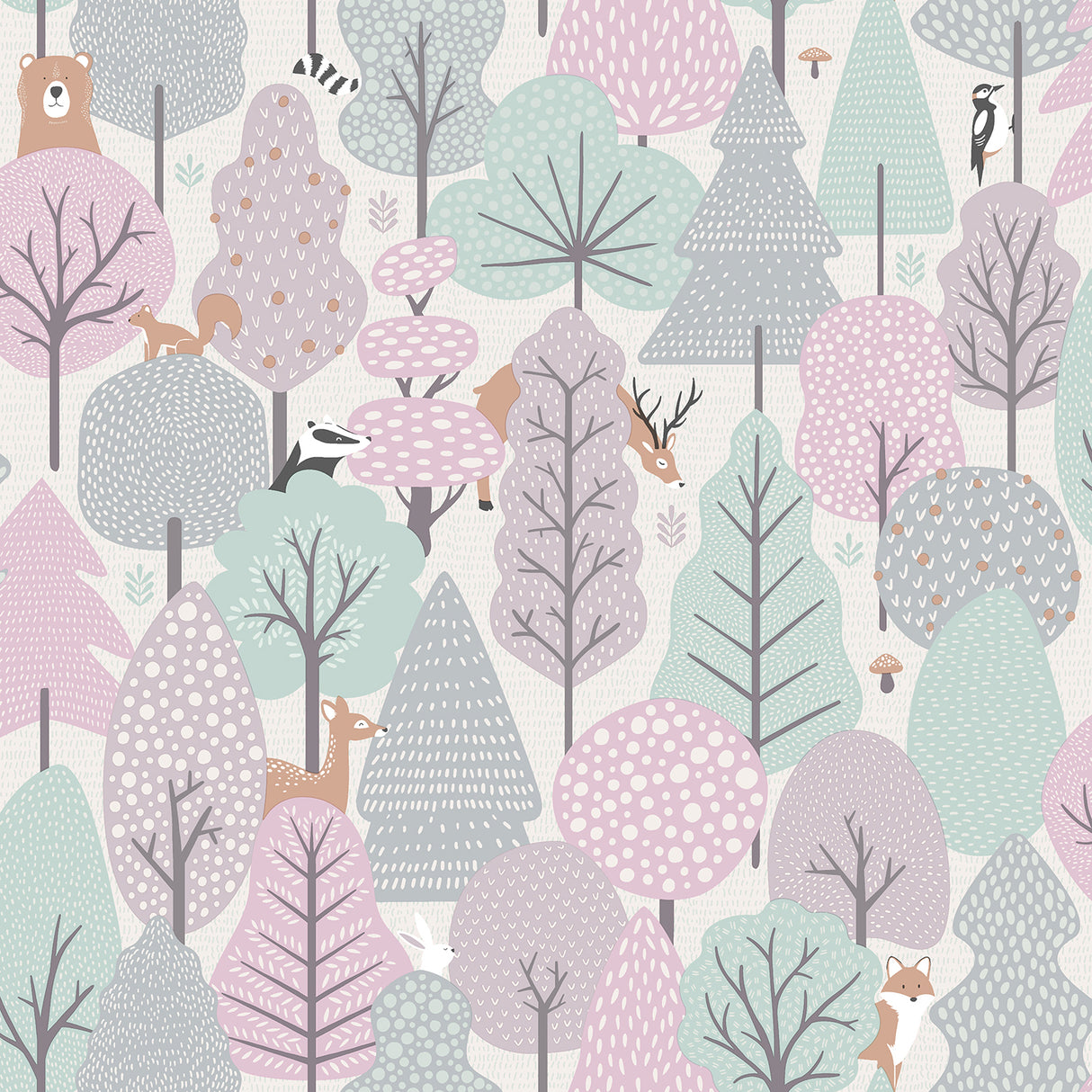 Enchanted Forest Pink children’s woodland non-woven wallpaper roll showing pastel trees and animals