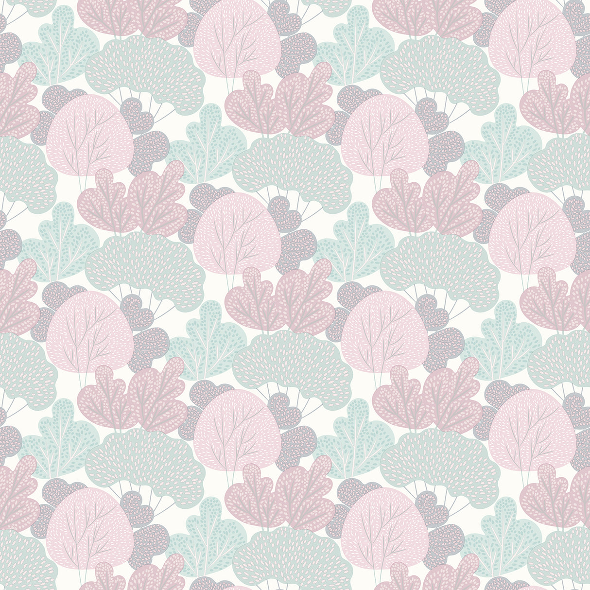 Little Woods Blush non-woven wallpaper roll with whimsical trees pattern in pink and mint