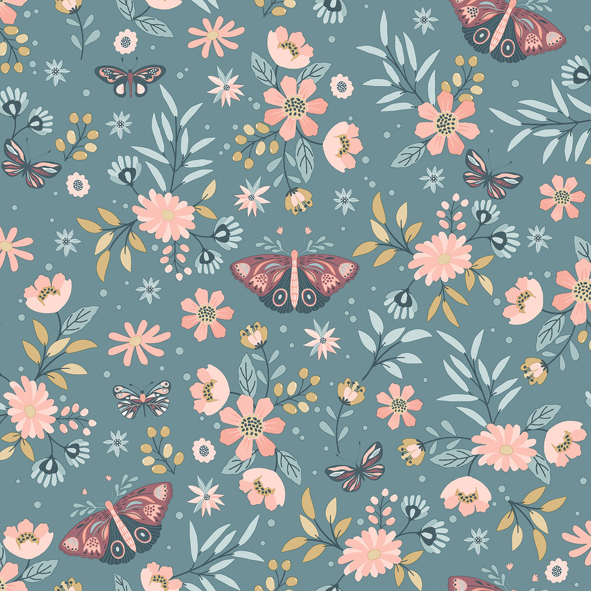 Whimsical Meadow Green non-woven wallpaper with butterflies and flowers - roll and lifestyle images