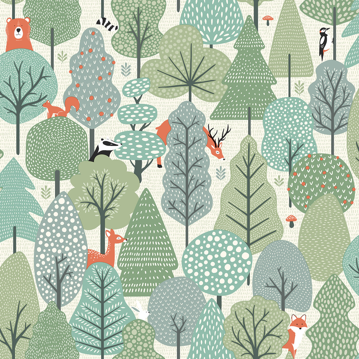 Enchanted Forest Green kids wallpaper with whimsical trees and woodland animals