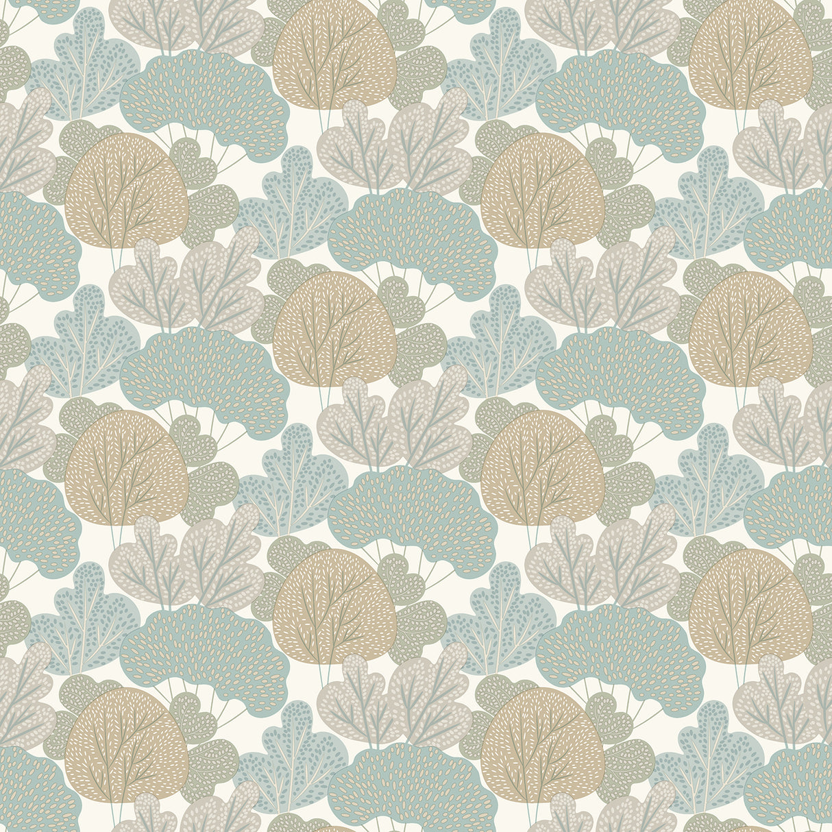 Little Woods Neutral Wallpaper roll showing stylized tree pattern in cream, blue, and taupe