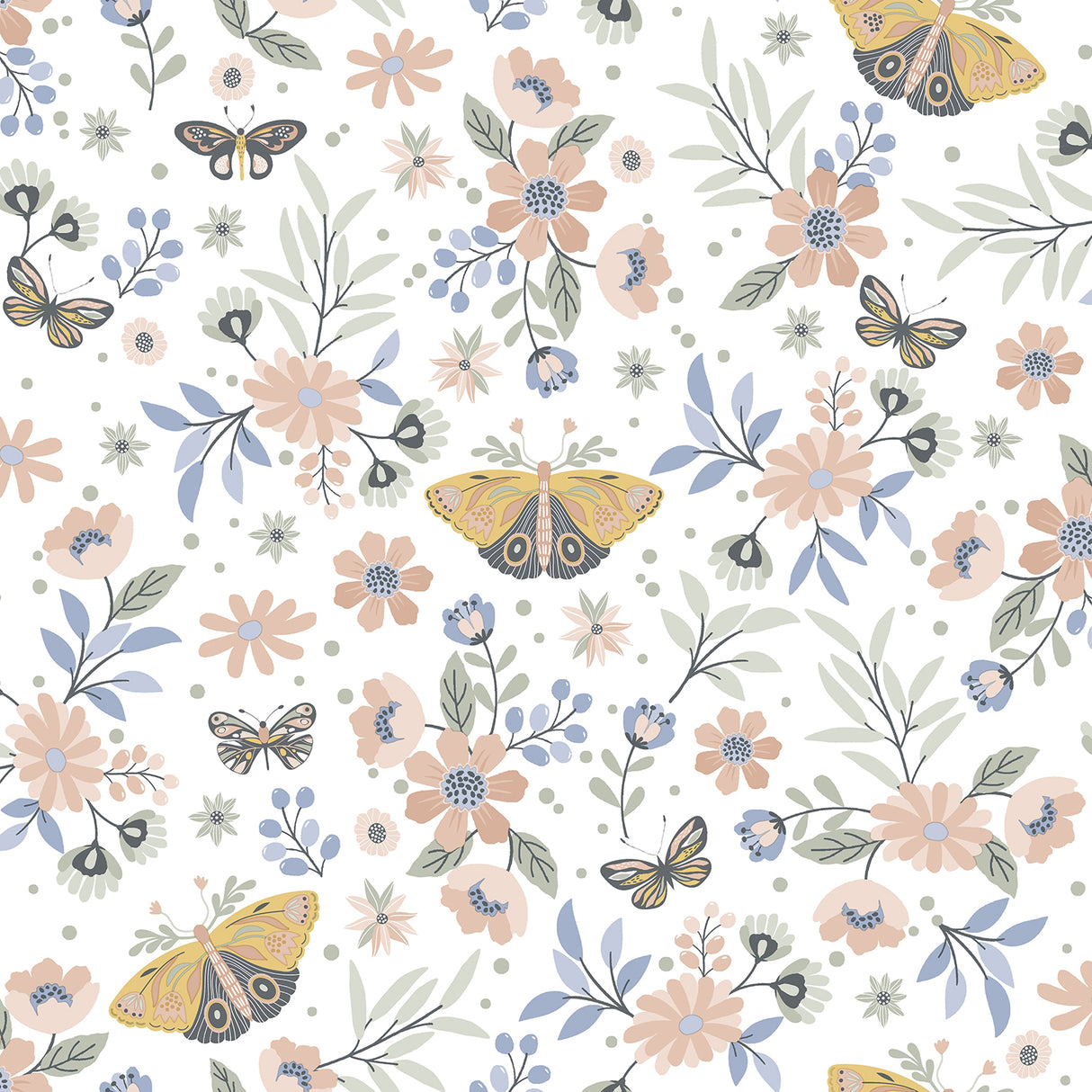Whimsical Meadow Orange wallpaper with butterflies and flowers, 20.86 in x 33 ft roll