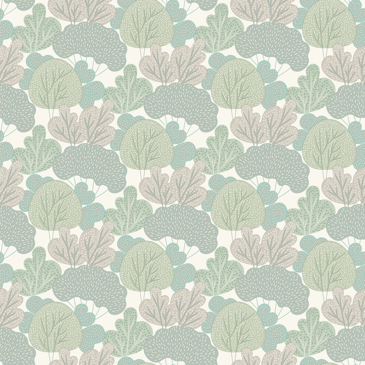 Little Woods Green non-woven wallpaper with whimsical tree pattern