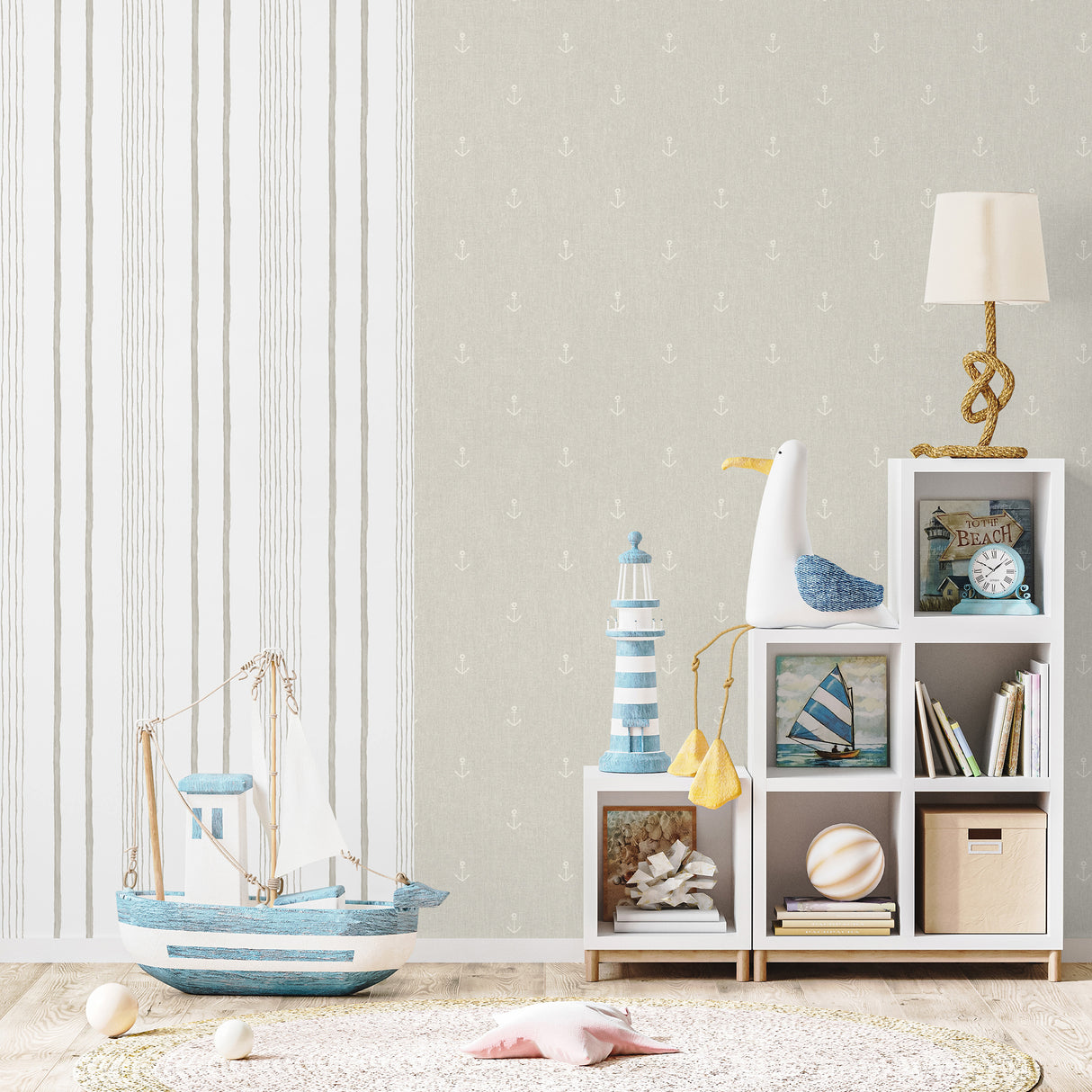 Anchors Away Beige by Veer Decor Nautical Kids Wallpaper – VRKG17-828