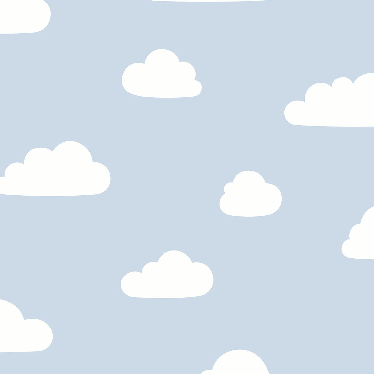 Clouds Greyish Blue kids wallpaper roll showing white clouds on soft blue background