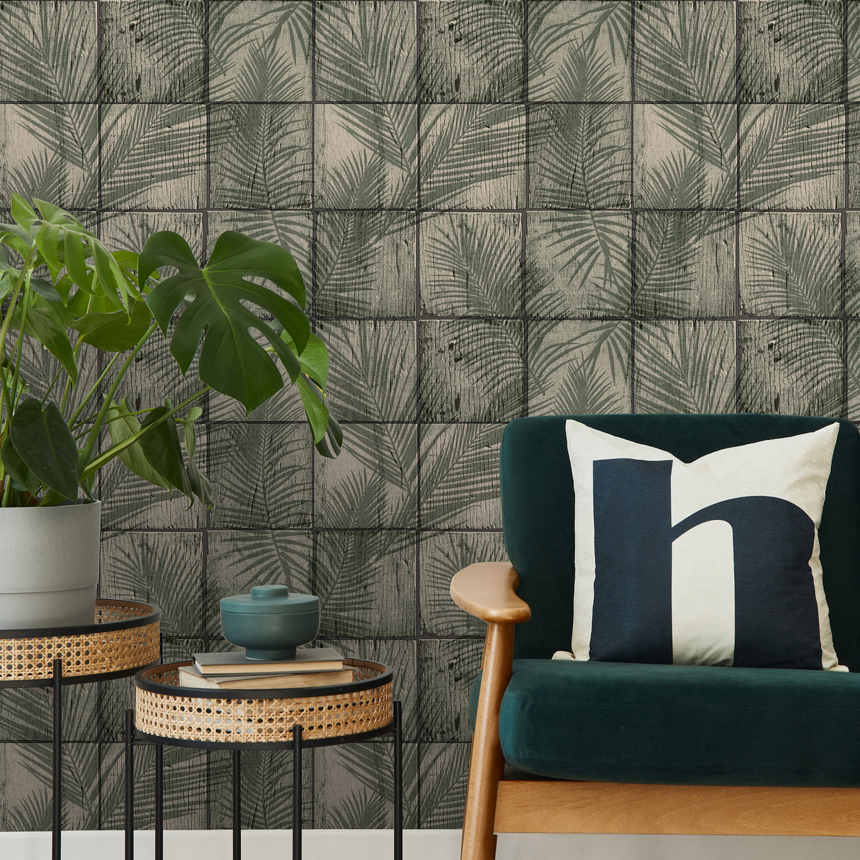 Rustic Palm Shadow Tile Green by Veer Decor Textured Vinyl Wallpaper – Veer Decor VRNO04-986