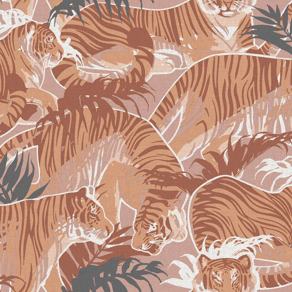 Tiger Squad Orange textured vinyl wallpaper with leaping tigers and foliage, 20.86 in x 33 ft roll