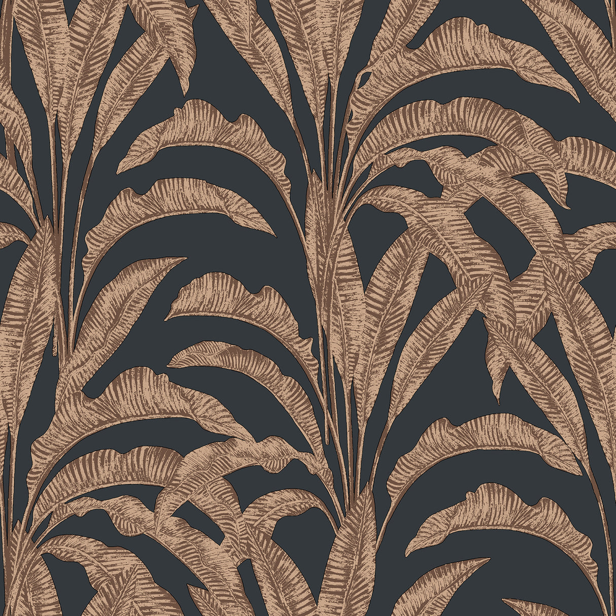 Luxe Tropical Palm orange palm fronds on black ground textured vinyl wallpaper roll and lifestyle room view