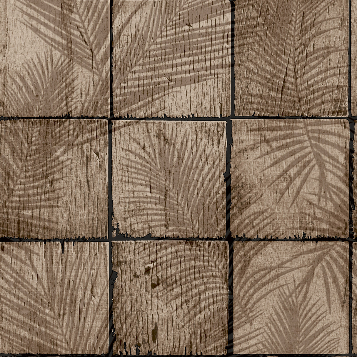 Rustic Palm Shadow Tile taupe textured vinyl wallpaper roll showing palm frond tile pattern
